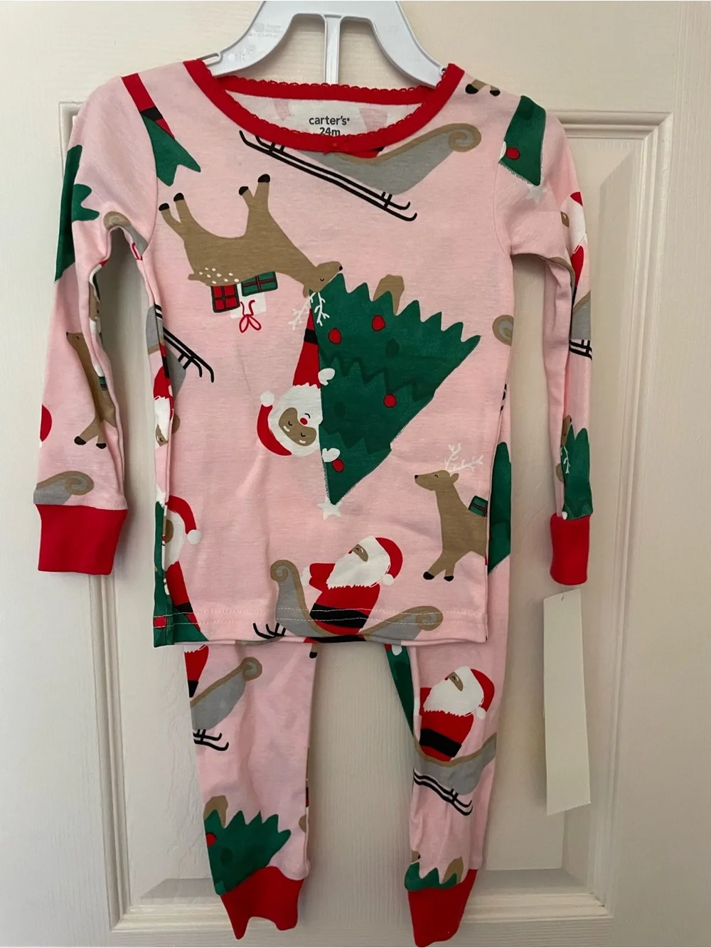 Carter's Pink Holiday Santa & Reindeer Kids Pajama Set NWT 24mon